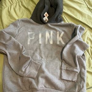 PINK Victoria's Secret Gray Hooded Sweatshirt with Sherpa Lining